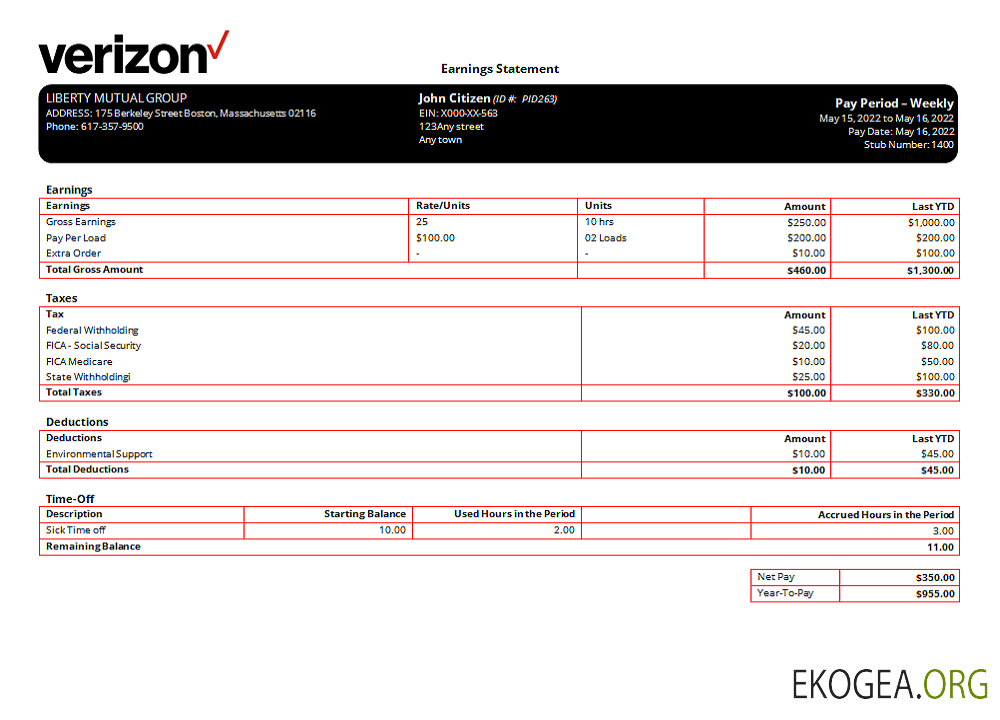 Fiche de paie de l'entreprise de télécommunications Verizon aux États Unis